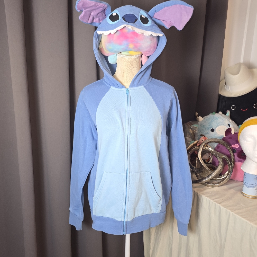Disney Stitch Hoodie Blue Zip‎ Up Sweatshirt Medium 3D Ears Cosplay Unisex